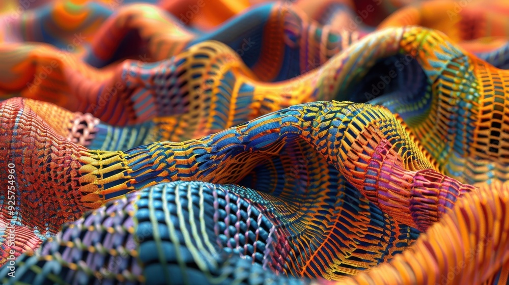 A vibrant, textured fabric pattern showcasing colorful waves and intricate designs, perfect for artistic inspiration and design. A vibrant, textured fabric pattern showcasing colorful waves and intricate designs, perfect for artistic inspiration and design.