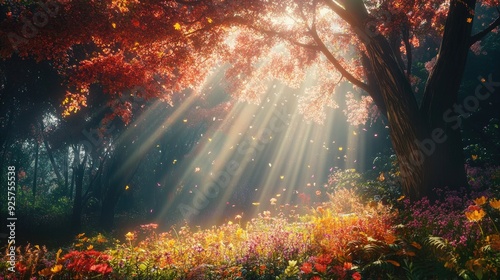 A magical forest filled with towering trees, colorful flora, and beams of sunlight breaking through the dense canopy, creating an enchanting, fairytale-like atmosphere.