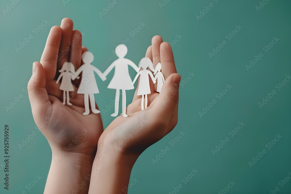 A family holding hands with paper cutouts of people on their palms, symbolizing support and care for each other against the pastel green background. A family holding hands with paper cutouts of people on their palms, symbolizing support and care for each other against the pastel green background.