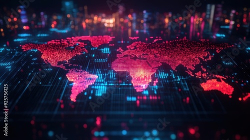 A vibrant digital world map illuminated with neon colors, representing global connectivity and modern technology.