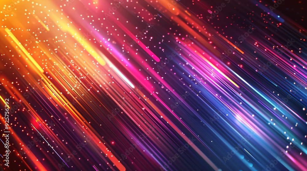 Obraz premium Abstract background with diagonal colorful streaks and glowing dots.