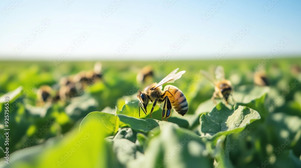 Bees Pollinating Crops in a Vast Field with Green Plants and Blue Sky
