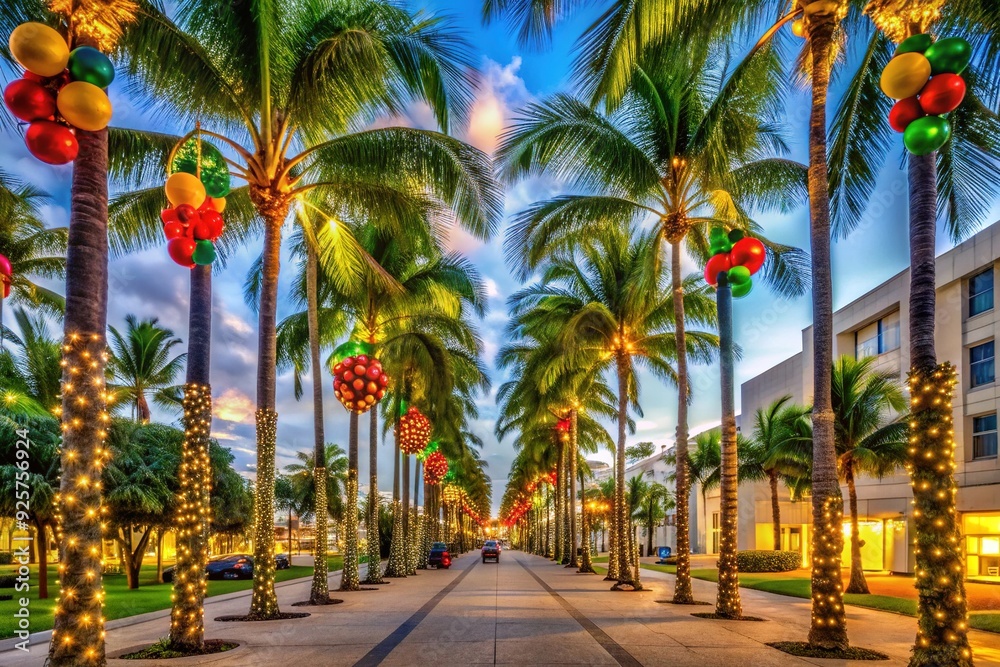 Vibrant palm trees adorned with twinkling lights and colorful ornaments stand tall along Miami Beach's sidewalk, blending tropical and festive holiday cheer on a sunny day.