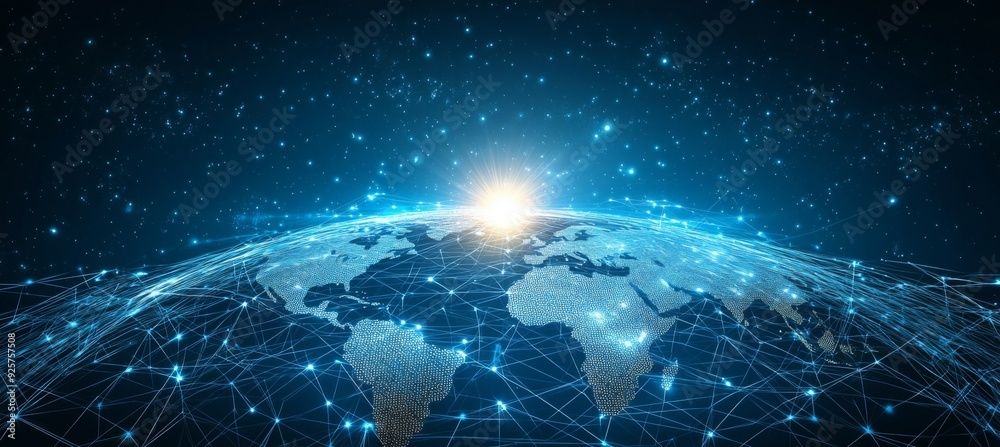 Obraz premium Abstract digital background with glowing network connections and a global map, symbolizing technology, connectivity, data transfer, and cyber security in a futuristic style