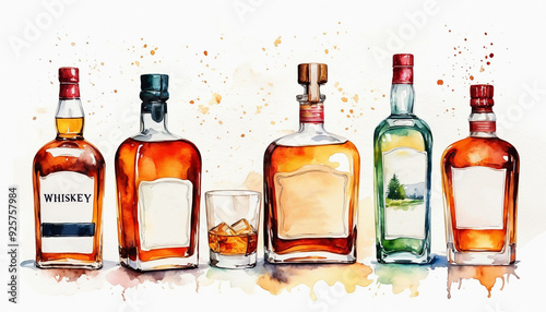 Variety of antique whiskey bottles isolated on white, watercolor painting style, generative AI. photo