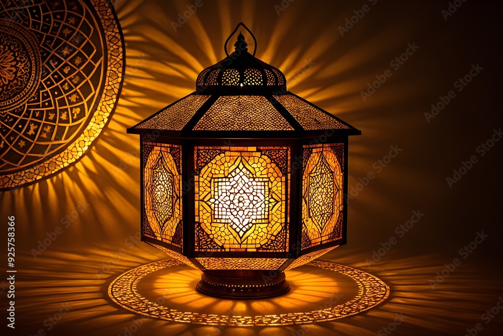 A lantern with a gold and black design sits on a table A lantern with a gold and black design sits on a table