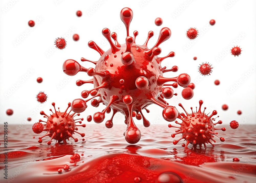 Vibrant red liquid droplets splatter and scatter on a white background, evoking the concept of COVID-19, representation of virus transmission and global health crisis. Vibrant red liquid droplets splatter and scatter on a white background, evoking the concept of COVID-19, representation of virus transmission and global health crisis.