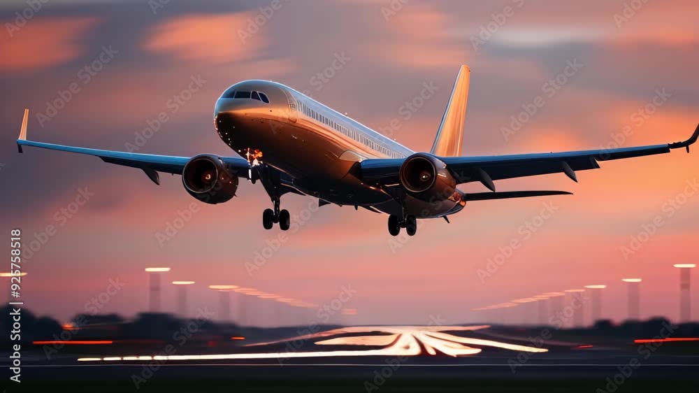A commercial airplane is captured landing on a runway during sunset. Travel and vacation concept. Copy space background, slow motion A commercial airplane is captured landing on a runway during sunset. Travel and vacation concept. Copy space background, slow motion