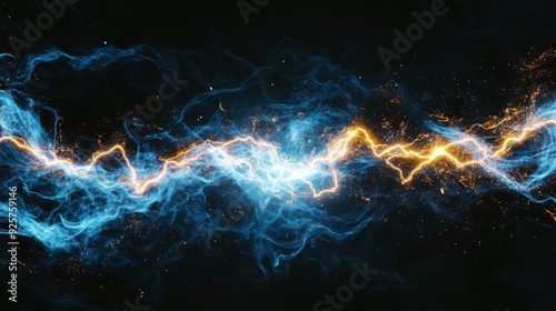  blue and white electric current glowing with yellow sparks, spreading and flaming, with an exotic look on a black background