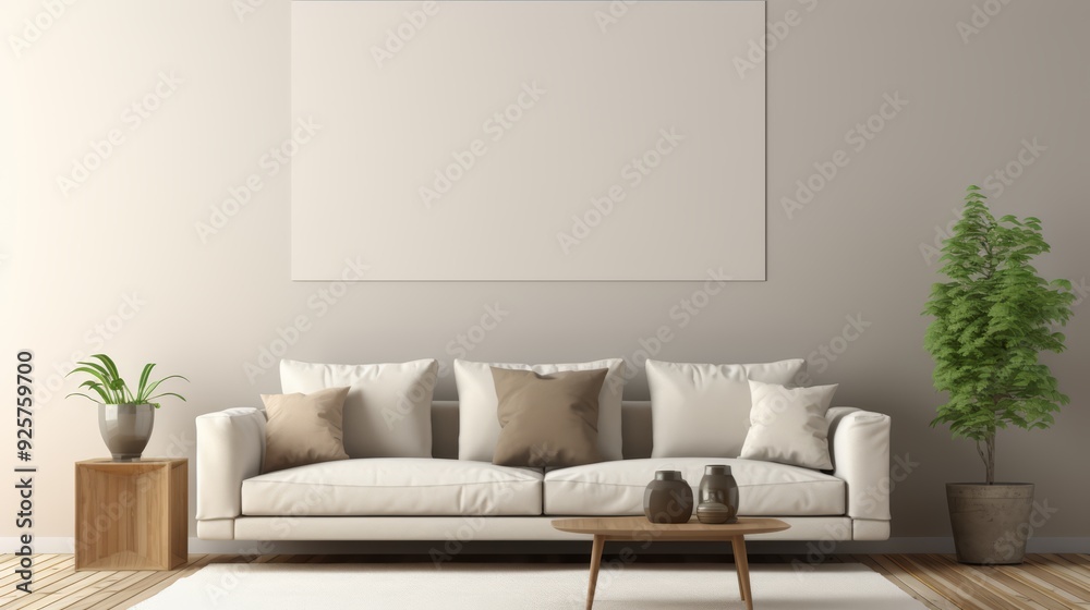Fototapeta premium White sofa with brown pillows in a modern living room with a large blank canvas and two plants.