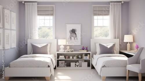 Two twin beds in a room with white bedding and gray pillows, a white chair, a bedside table with a lamp, a teddy bear, and a bookshelf.