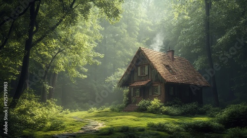 Enchanting Digital Illustration of Cozy Cottage Nestled in a Foggy Forest Setting