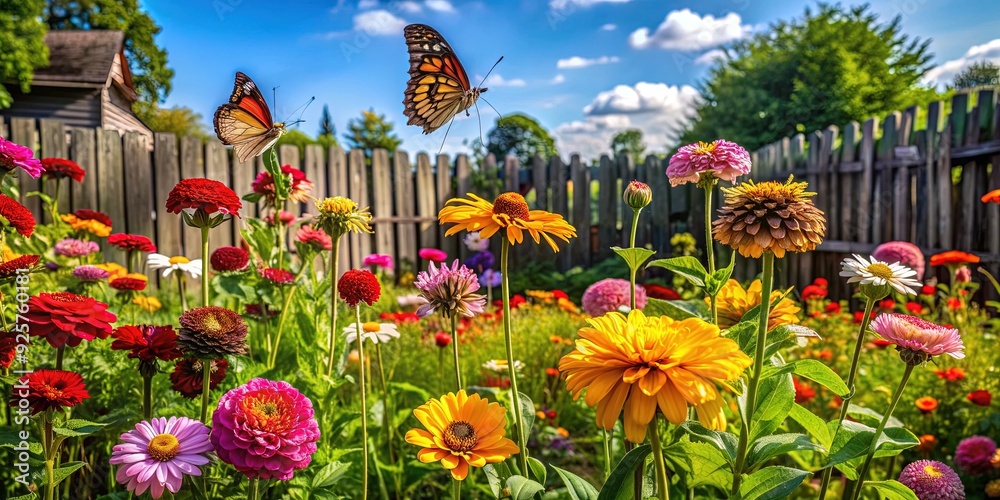 Vibrant summer flowers bloom in a lush green garden, surrounded by rustic wooden fences and adorned with colorful butterflies and buzzing bees. Vibrant summer flowers bloom in a lush green garden, surrounded by rustic wooden fences and adorned with colorful butterflies and buzzing bees.