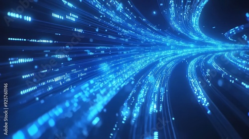 Illuminating the Future: Blue 3D Animation of Futuristic Fiber Optic Data Transmission Symbol.