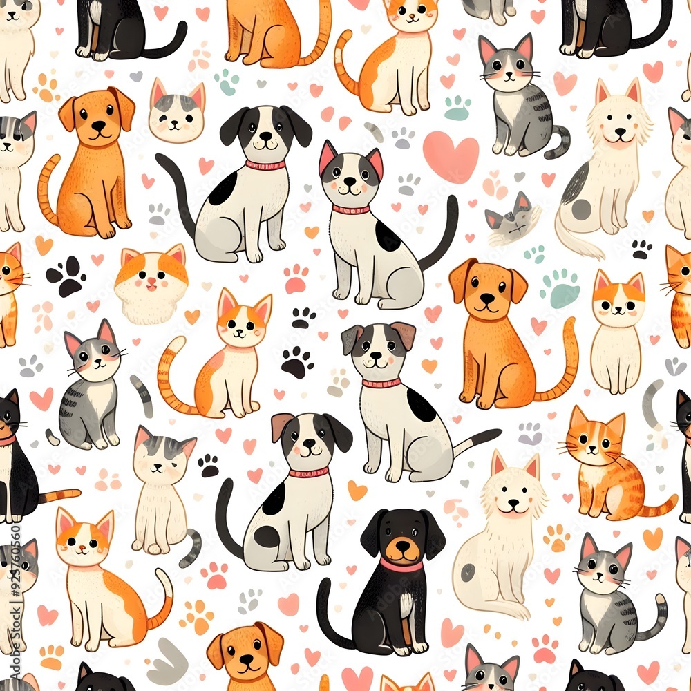 Cute Cartoon Dogs and Cats Seamless Pattern