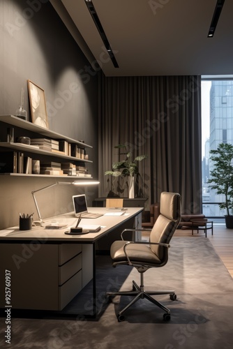 Modern office interior with a desk  chair  and city view.