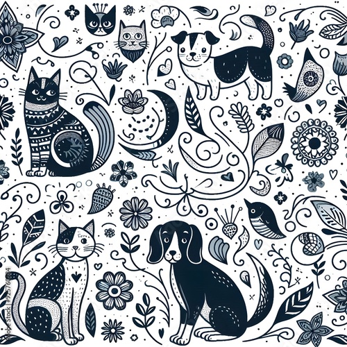 Seamless Pattern of Cats and Dogs in a Floral Design