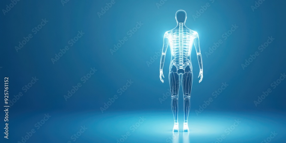 A glowing skeletal figure stands in a serene blue background, representing anatomy, health, and the wonders of the human body. A glowing skeletal figure stands in a serene blue background, representing anatomy, health, and the wonders of the human body.