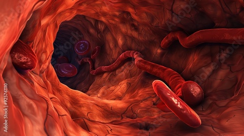 Intricate Vascular Thrombus Formation: Detailed Depiction of Clotting Process and Blood Vessel Obstruction. Medical Illustration for Health Education. photo