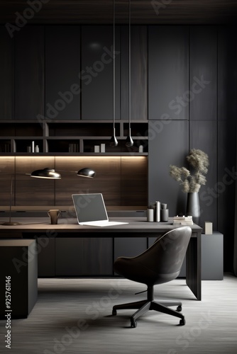 Modern minimalist office interior with black desk and chair, wooden shelves, and laptop.