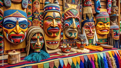 Vibrant traditional Native Alaskan craftsmanship on display, showcasing intricately carved tribal masks, colorful beaded jewelry, and richly patterned woven blankets. photo