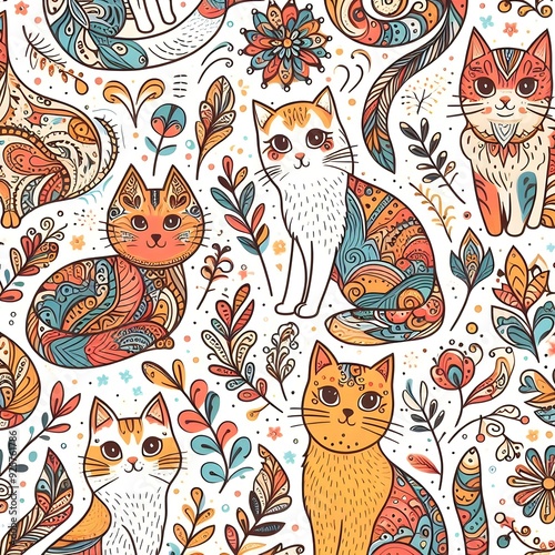 Seamless Pattern with Cute Cats and Floral Design
