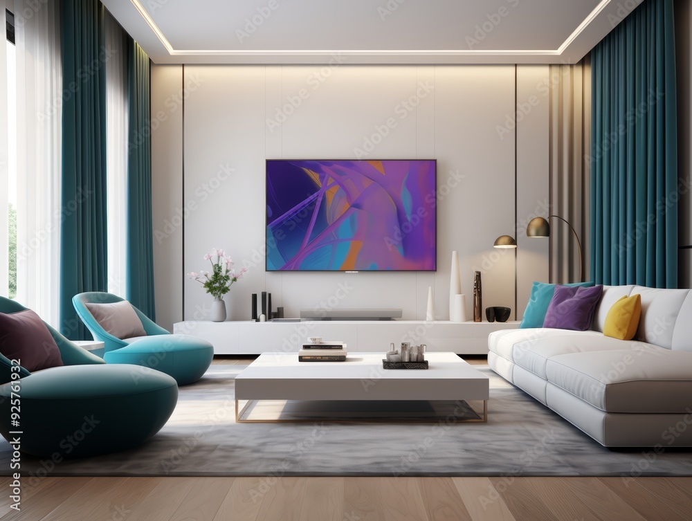 Modern living room interior with white couch and colorful artwork. Modern living room interior with white couch and colorful artwork.