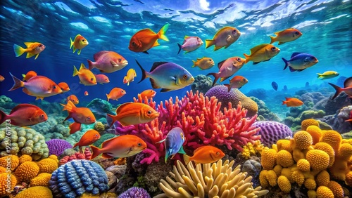 Vibrant tropical fish swim alongside colorful coral formations in the crystal-clear turquoise waters of a protected Hawaiian reef, surrounded by swaying sea fans. photo