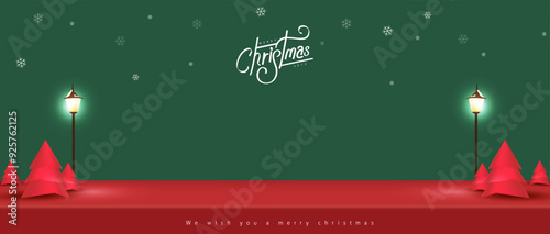 Merry Christmas banner with studio table room product display