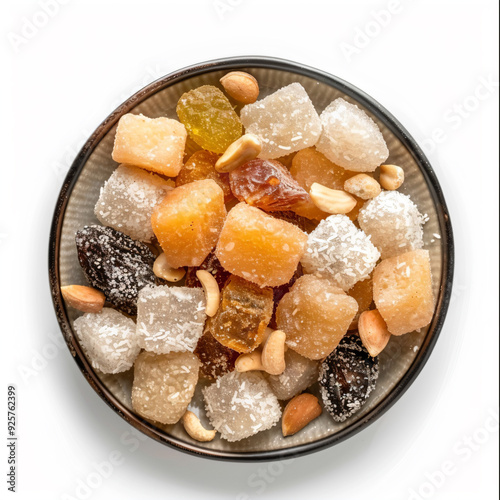 a bowl of mixed nuts and dried fruits photo