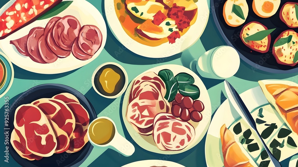 Spanish Cuisine Array Illustration, Vector Art Style, Paella and Charcuterie on Plates, Blue Tablecloth, Soft Lighting Spanish Cuisine Array Illustration, Vector Art Style, Paella and Charcuterie on Plates, Blue Tablecloth, Soft Lighting