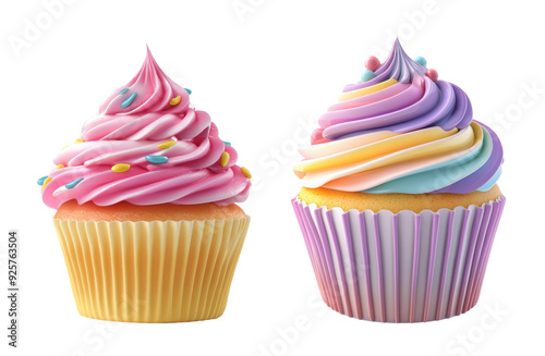 Pink and Rainbow Cupcakes on White Background.