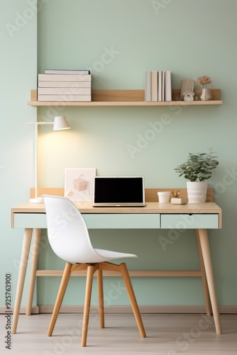 Minimalist home office workspace with a laptop, chair, wooden desk and shelf against a light green wall.