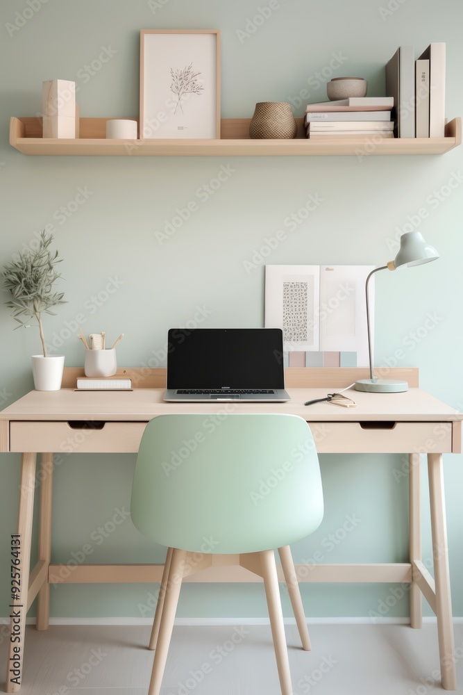 Minimalist home office with a wooden desk, a laptop, a lamp, a chair, and a plant. Minimalist home office with a wooden desk, a laptop, a lamp, a chair, and a plant.