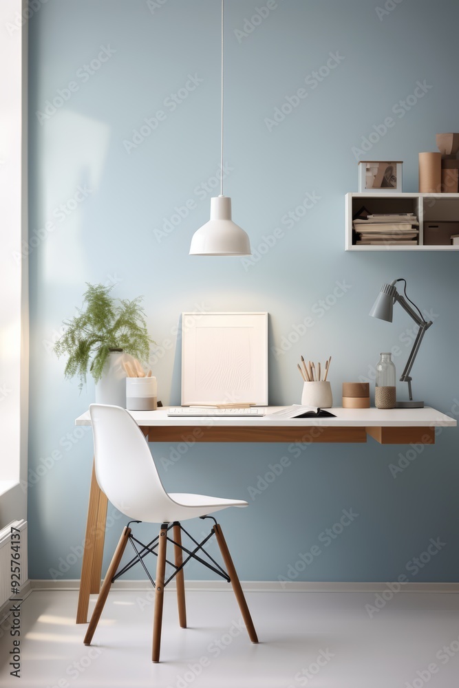 Minimalist home office with a white desk, chair, and a hanging lamp against a blue wall. Minimalist home office with a white desk, chair, and a hanging lamp against a blue wall.