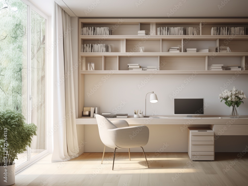 Minimalist home office with a wooden desk, chair, shelves, a computer, and a potted plant. Minimalist home office with a wooden desk, chair, shelves, a computer, and a potted plant.