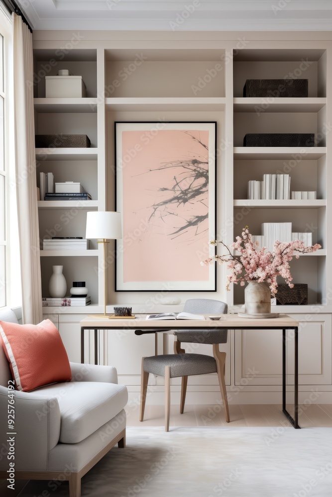 Fototapeta premium Minimalist home office with a white sofa, a desk, and a bookshelf.