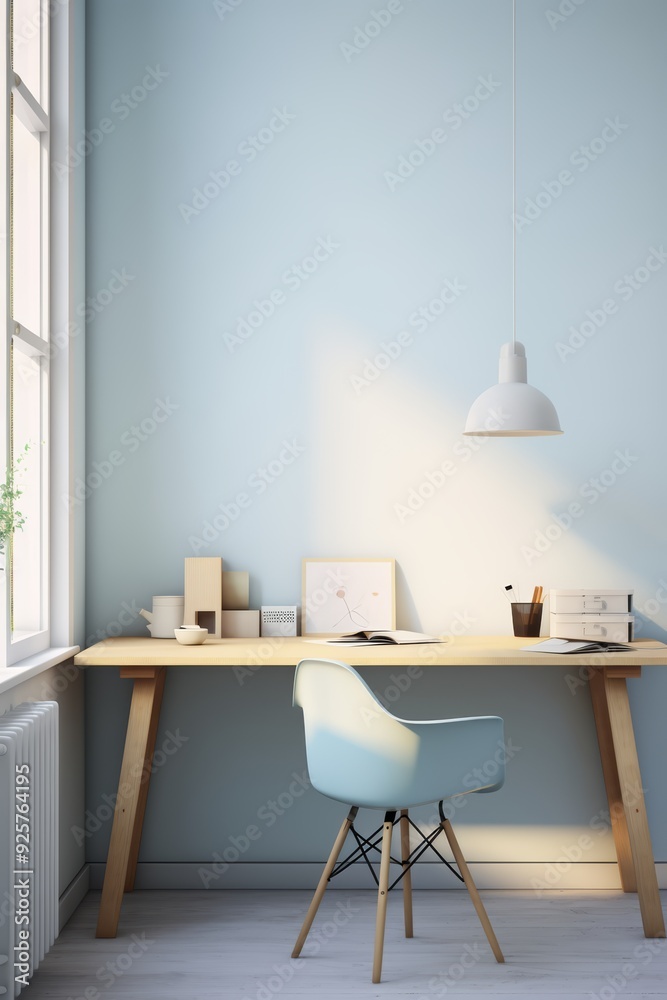 Minimalist home office with a blue wall, wooden desk, blue chair, and a hanging lamp. Minimalist home office with a blue wall, wooden desk, blue chair, and a hanging lamp.