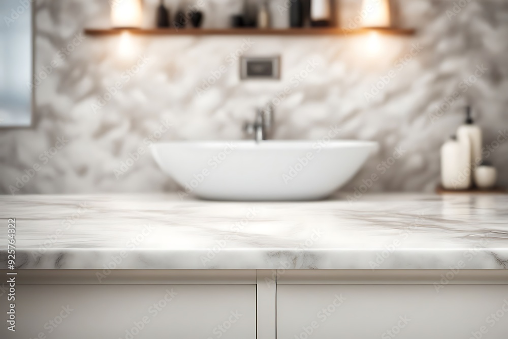 Empty marble tabletop or counter with display product. Blur image of bath room background. Empty marble tabletop or counter with display product. Blur image of bath room background.