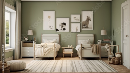 Green walls, twin beds, and a rug complete this minimalist kid's bedroom.