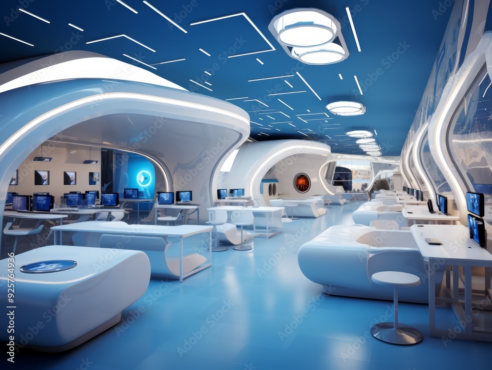 Futuristic office interior with white furniture and blue walls. Futuristic office interior with white furniture and blue walls.