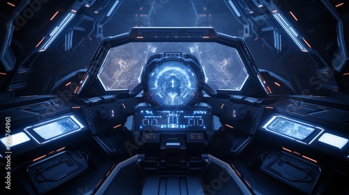 Futuristic spaceship cockpit interior with glowing blue and orange lights.