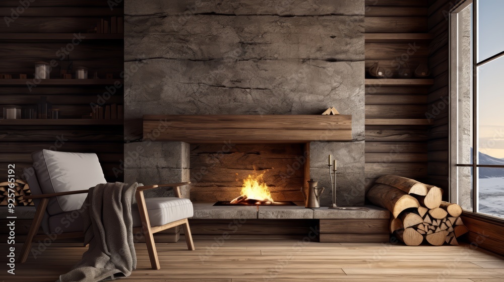 Cozy living room with a fireplace, a comfortable armchair, a blanket, and a window with a view of the snowy mountains. Cozy living room with a fireplace, a comfortable armchair, a blanket, and a window with a view of the snowy mountains.