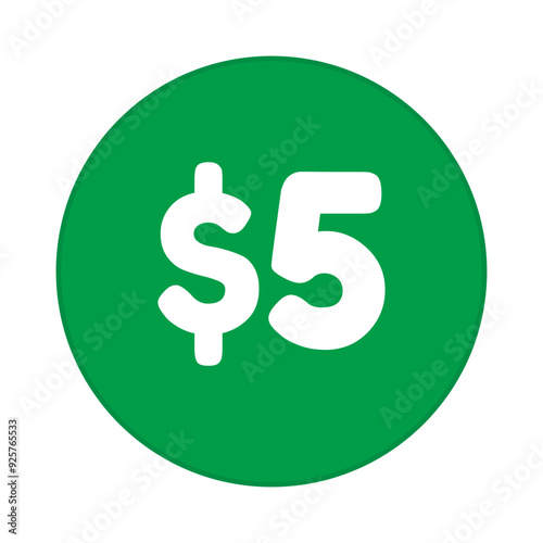 5 dollar price symbol. 5$ five number with dollar sign green color round shape icon illustration. Vector label with text 5 dollar.