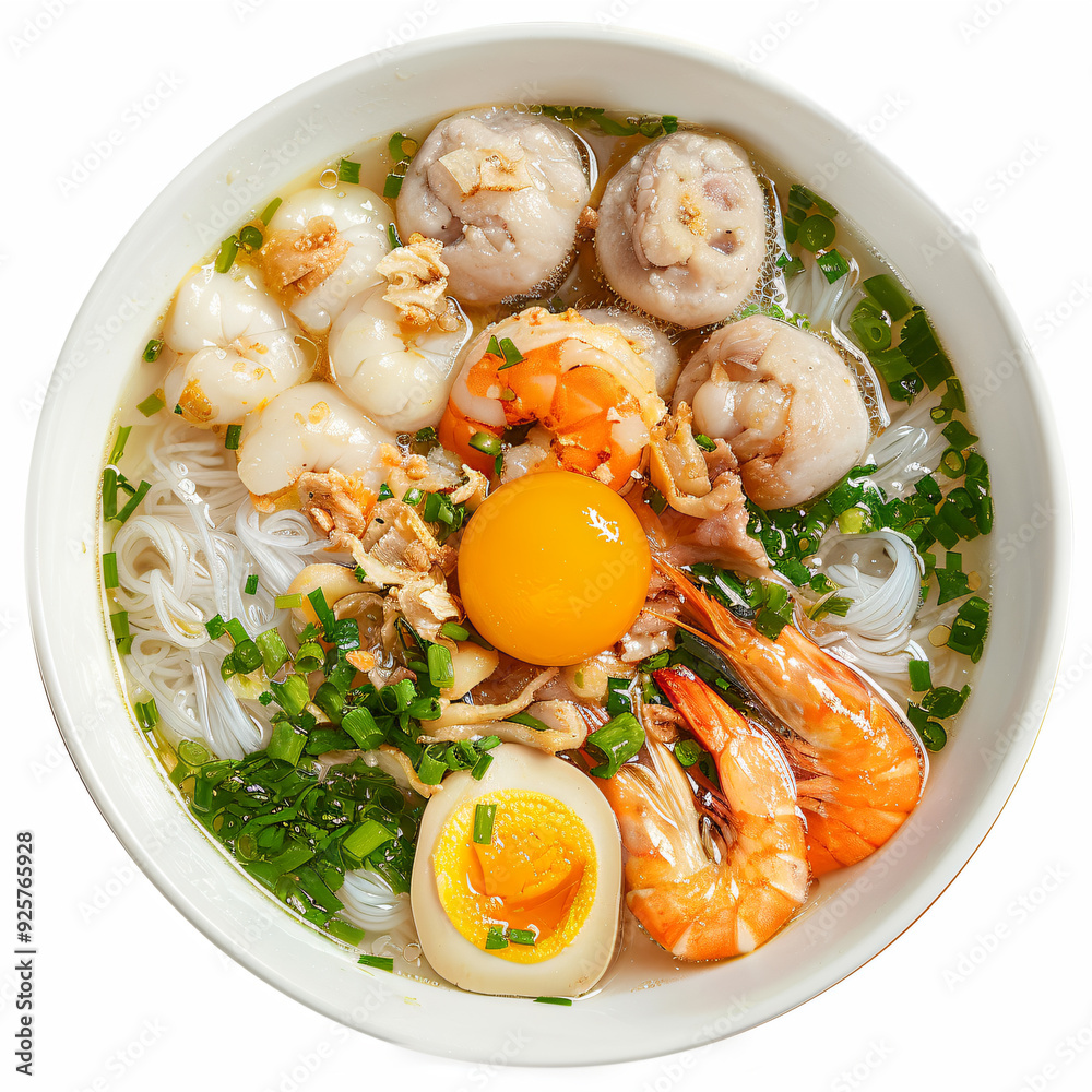 a bowl of soup with shrimp noodles and an egg a bowl of soup with shrimp noodles and an egg