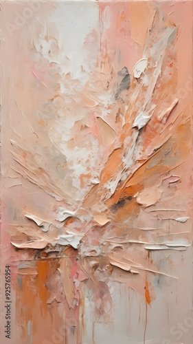 Muted Peach Abstract Painting With Rough Oil Textures and Palette Knife Application. Vertical