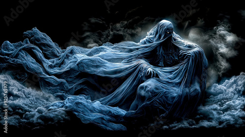 Dark eerie haunting blue black ghost with flowing cloak mist clouds trailing behind glowing eyes, terrifying wraith, ethereal chilling phantom