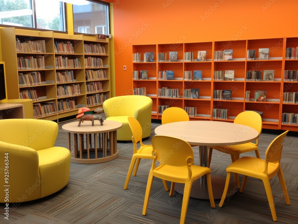 A modern library reading room with yellow armchairs and a round wooden table with yellow chairs. A modern library reading room with yellow armchairs and a round wooden table with yellow chairs.