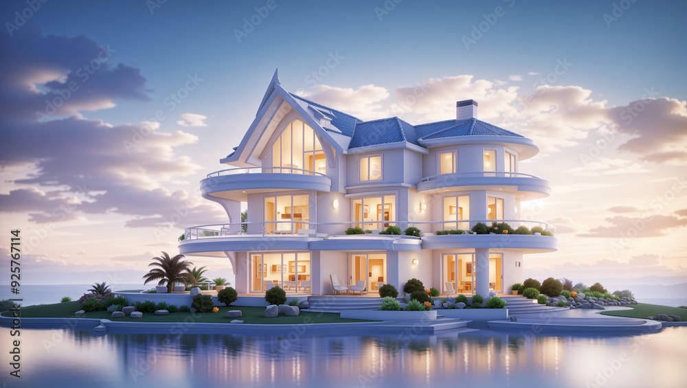 This is a picture of a large white house with a green roof and a view of a lake. This is a picture of a large white house with a green roof and a view of a lake.