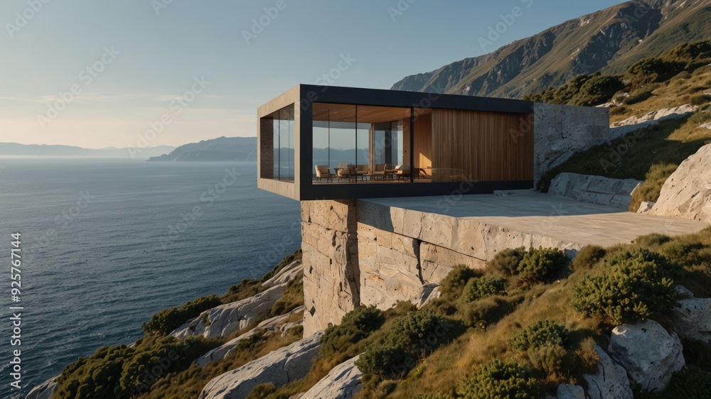 Fototapeta premium minimalist cliffside house in the mountains